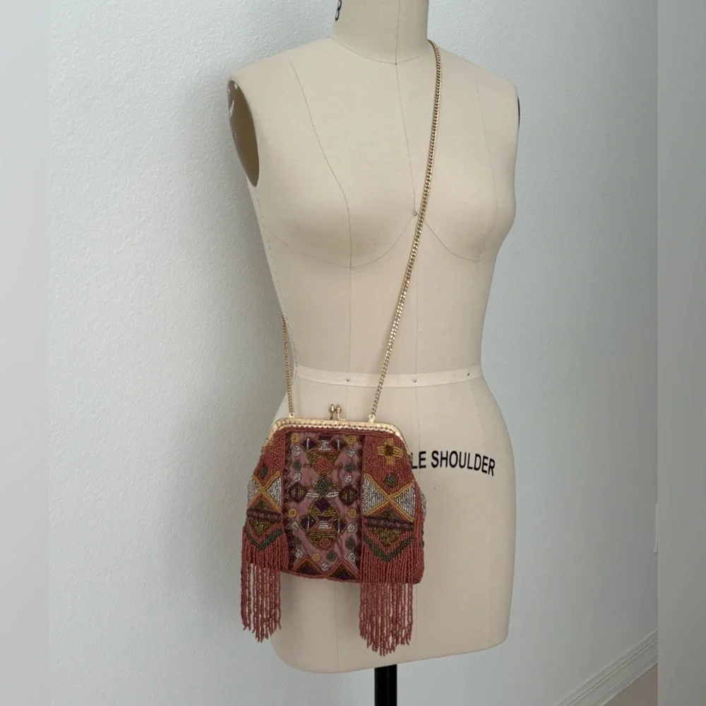 Hoss Intropia Beaded Evening Bag NWT KISS Lock Earthy Colors Tribal-Design Boho - Picture 7 of 9